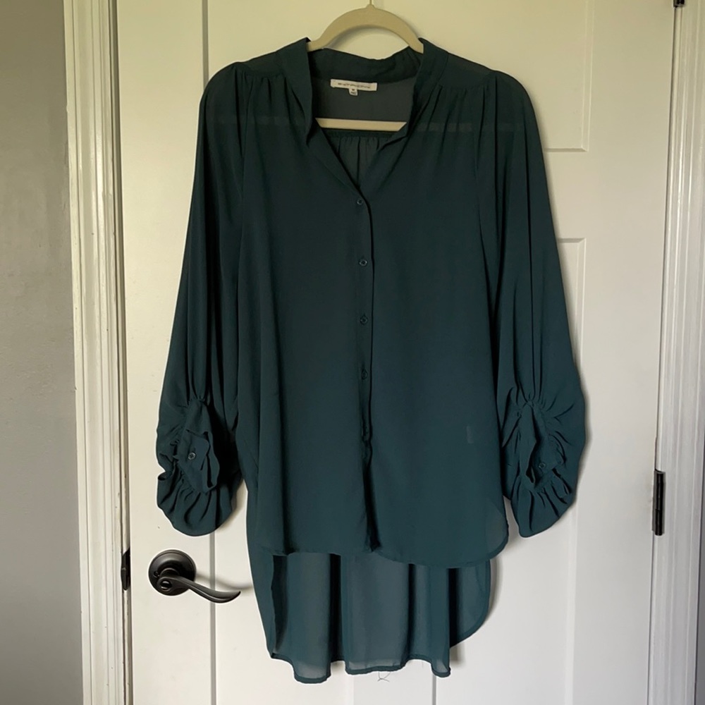 Hi low sheer green blouse with drapey sleeves